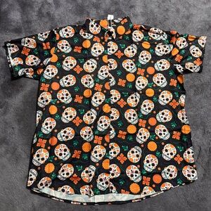 Men’s Colorful Skulls & Floral Print Button Down Shirt -100% Polyester 3XL